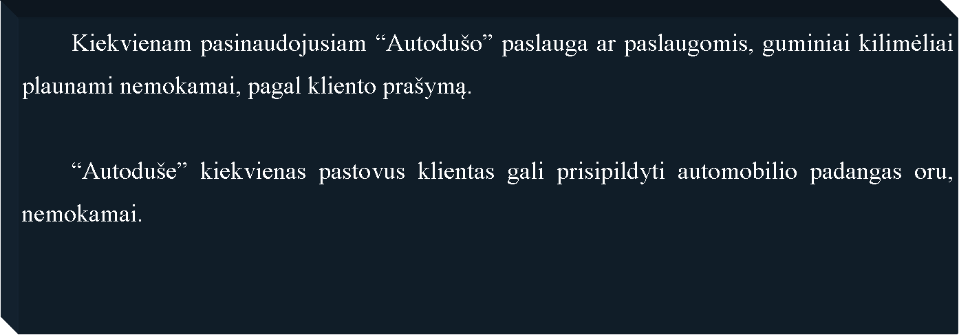 Text Box: 	Kiekvienam pasinaudojusiam Autoduo paslauga ar paslaugomis, guminiai kilimėliai plaunami nemokamai, pagal kliento praymą.	Autodue kiekvienas pastovus klientas gali prisipildyti automobilio padangas oru, nemokamai.